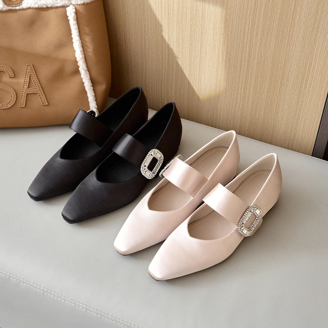 法式米白色一字带玛丽珍鞋2025年新款气质方头-5cm内单鞋陶丝