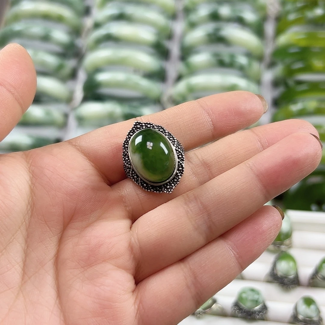 千***眸蛇纹石玉银S925镶嵌戒指