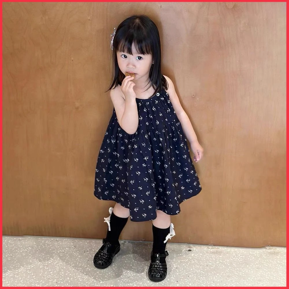 韩版女童2025夏季新款复古藏蓝色碎花吊带裙女宝宝宽松挂脖背心裙