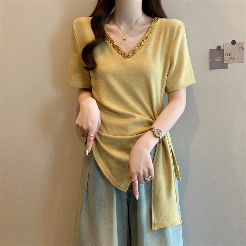 设计感不规则烫钻v领短袖t恤女2025夏季大码胖mm显瘦独特别致上衣