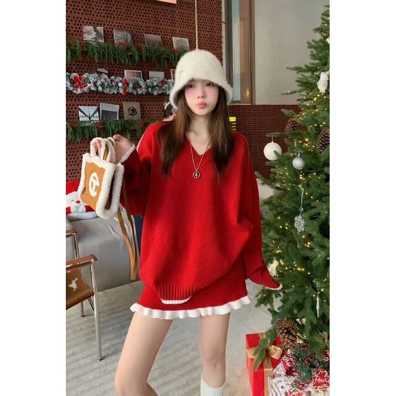 奥特莱斯毛衫韩系红色气质秋冬套装裙女毛衣季2025半高领针织衫