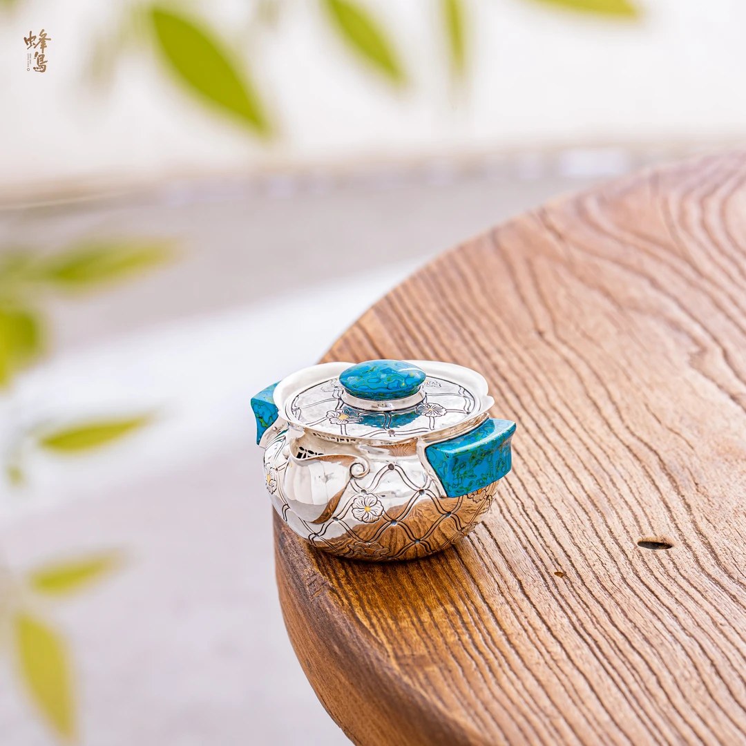 蜂鸟工坊 名匠优选 蓝色大漆把漆钮盖碗花边网纹花盖碗 MJYXA3057