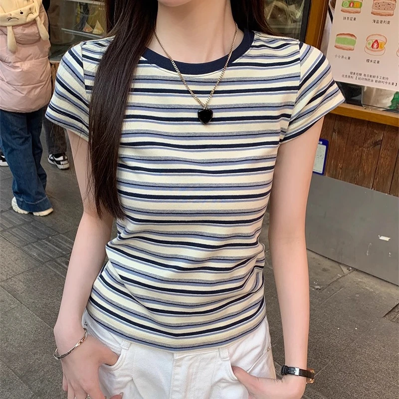 彩虹条纹撞色短袖T恤女2025新款夏季修身显瘦甜酷上衣设计感小众