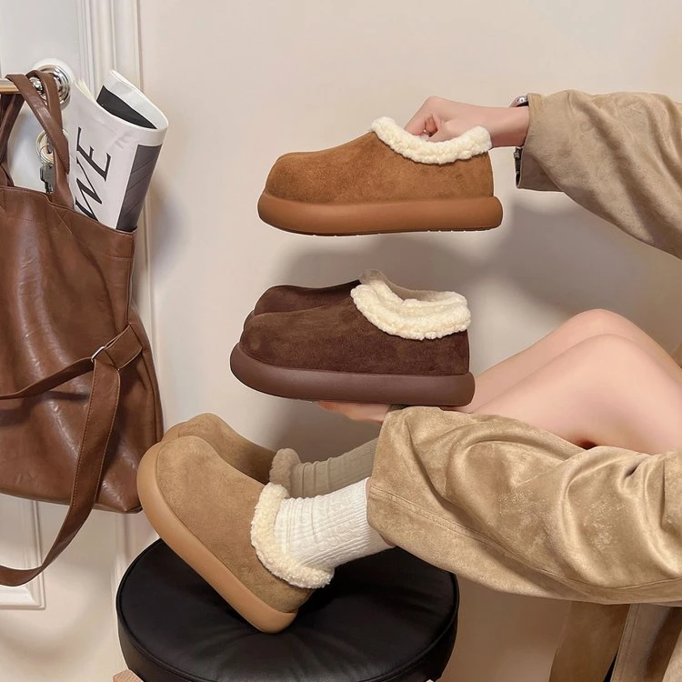 秋冬季厚底一脚蹬毛毛单鞋简约百搭加绒勃肯单鞋