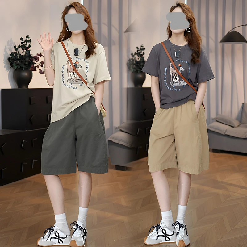 韩系夏日穿搭一整套时尚洋气减龄卡通印花短袖T恤休闲五分裤套装