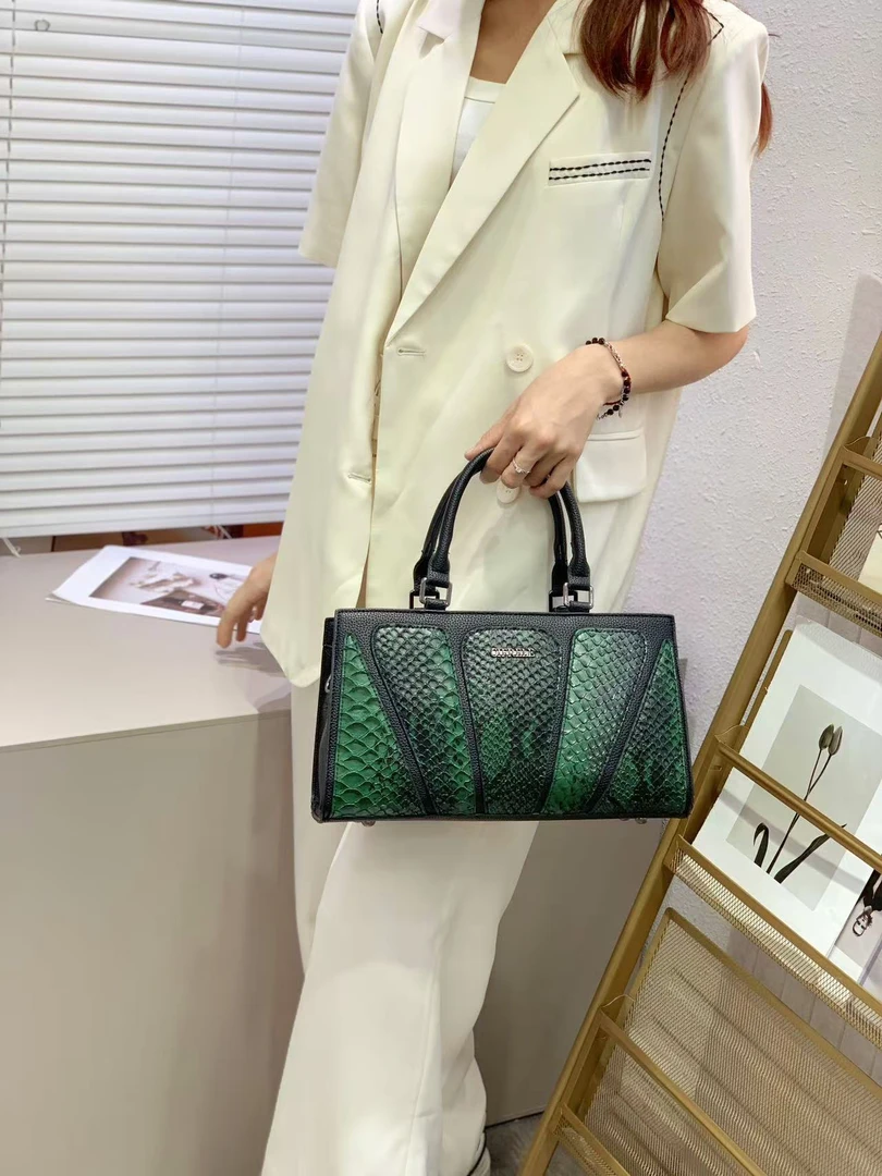 单肩轻奢风拼接夹层拉链袋绿色手提包编织托特包女士简约百搭时尚