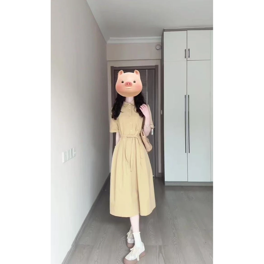 2025夏季新款黄色收腰气质长裙小个子POLO领短袖衬衫气质连衣裙女