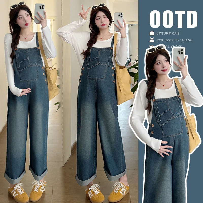 时尚孕妇春夏季新款韩版休闲牛仔背带裤减龄宽松+白色上衣套装