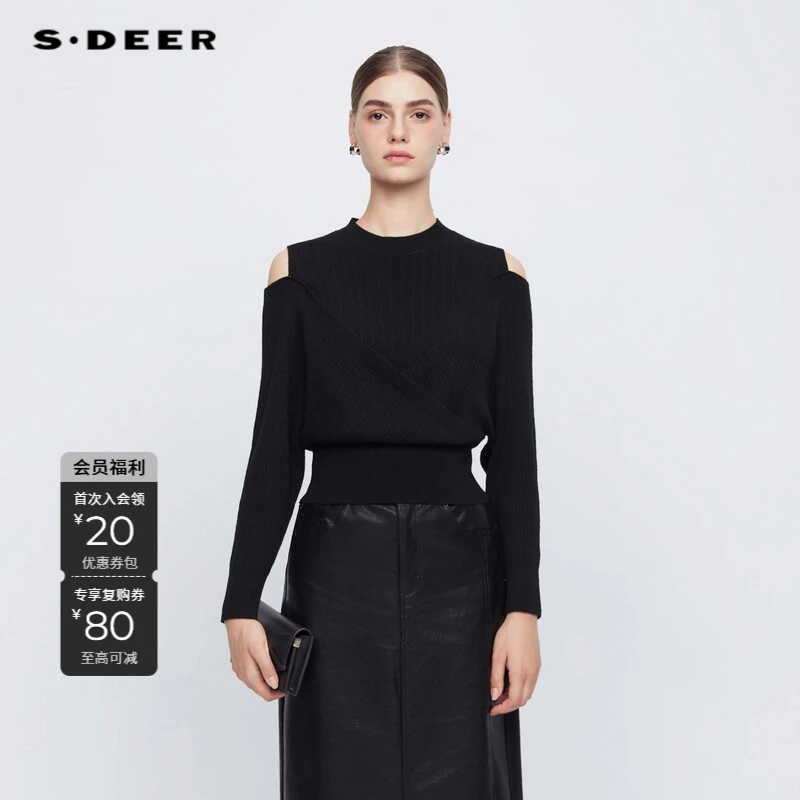 S·DEER圣迪奥女装罗纹圆领挖肩拼接交叉气质时尚针织衫S24463503