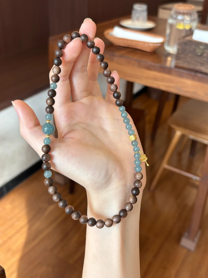 沉香【清逸出尘】沉香双圈素珠精致6mm蓝水翡翠色泽深邃多样性发货