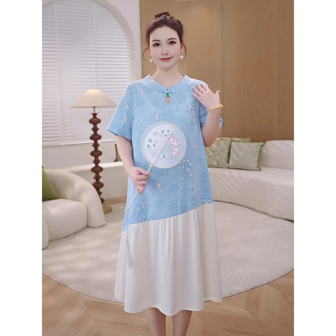 【岁寒双清】MsShe大码女装2025新中式印花镂空斜裙摆裙S~E2507054