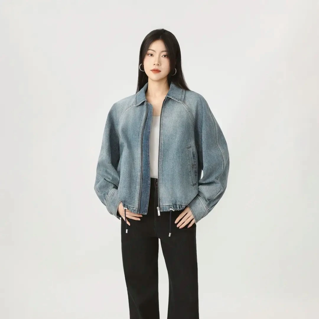 AMASS/阿玛施秋季酷飒风高级感复古水抽绳纯棉牛仔外套女540077