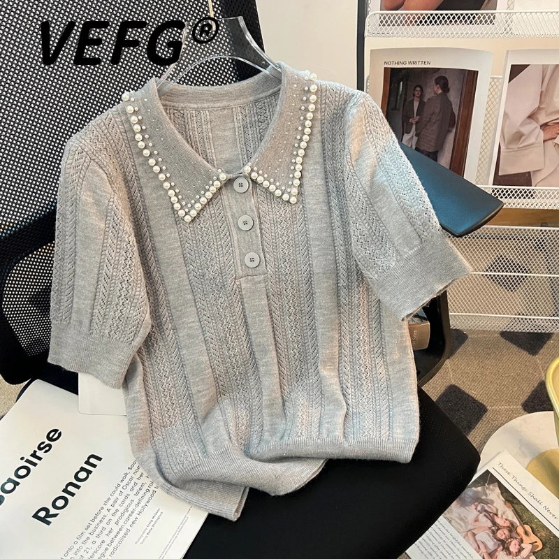 VEFG春夏新款气质名媛烫钻POLO领短袖小香风毛针织衫上衣女