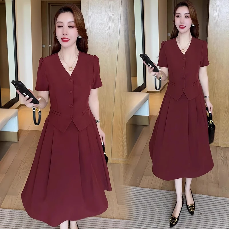 中长款气质法式通勤气质时尚裙子套装减龄休闲风小个子红色半身裙