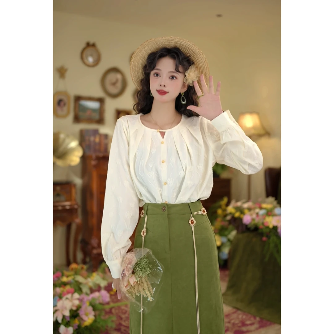 扣子家【秋风见月】港风复古纯色长袖宽松显瘦上衣KE0924031