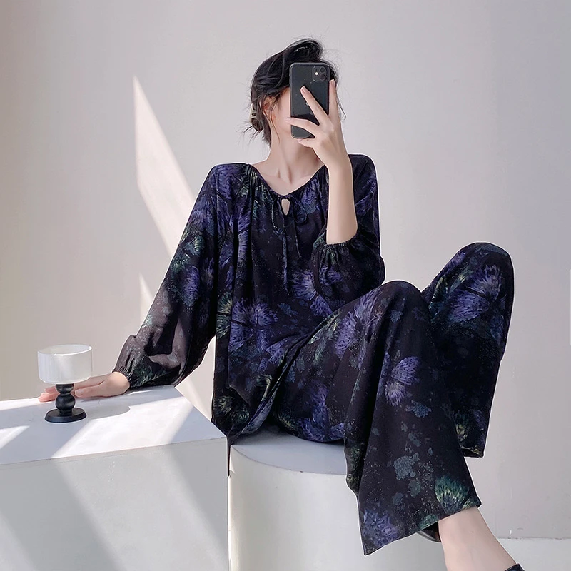 棉绸睡衣女春秋夏季宽松可外穿绵绸家居服国风高级感宽松大码套装