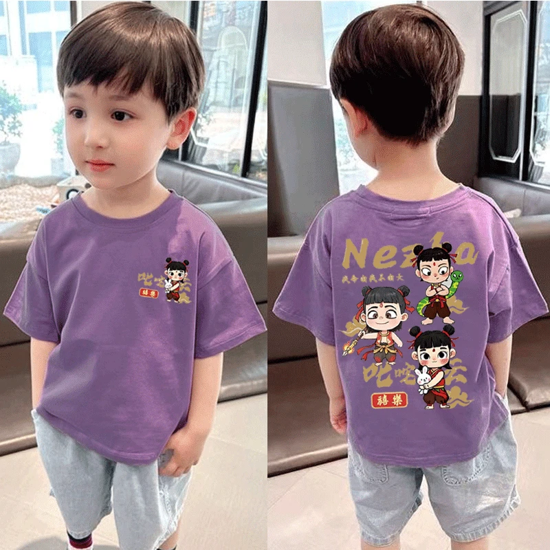 国潮哪吒2025儿童新款夏季T恤中小童装纯棉圆领百搭外穿短袖上衣t