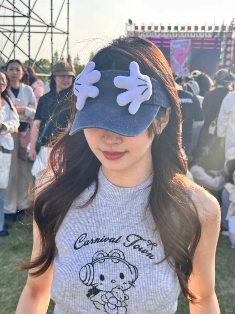 可爱米奇小手捂脸空顶帽子女夏显脸小遮阳防晒帽户外出游鸭舌帽子