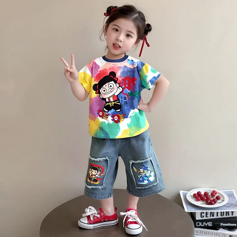 哪咤服装女小童短袖套装夏装2025新款女孩宝宝夏季哪吒衣服两件套