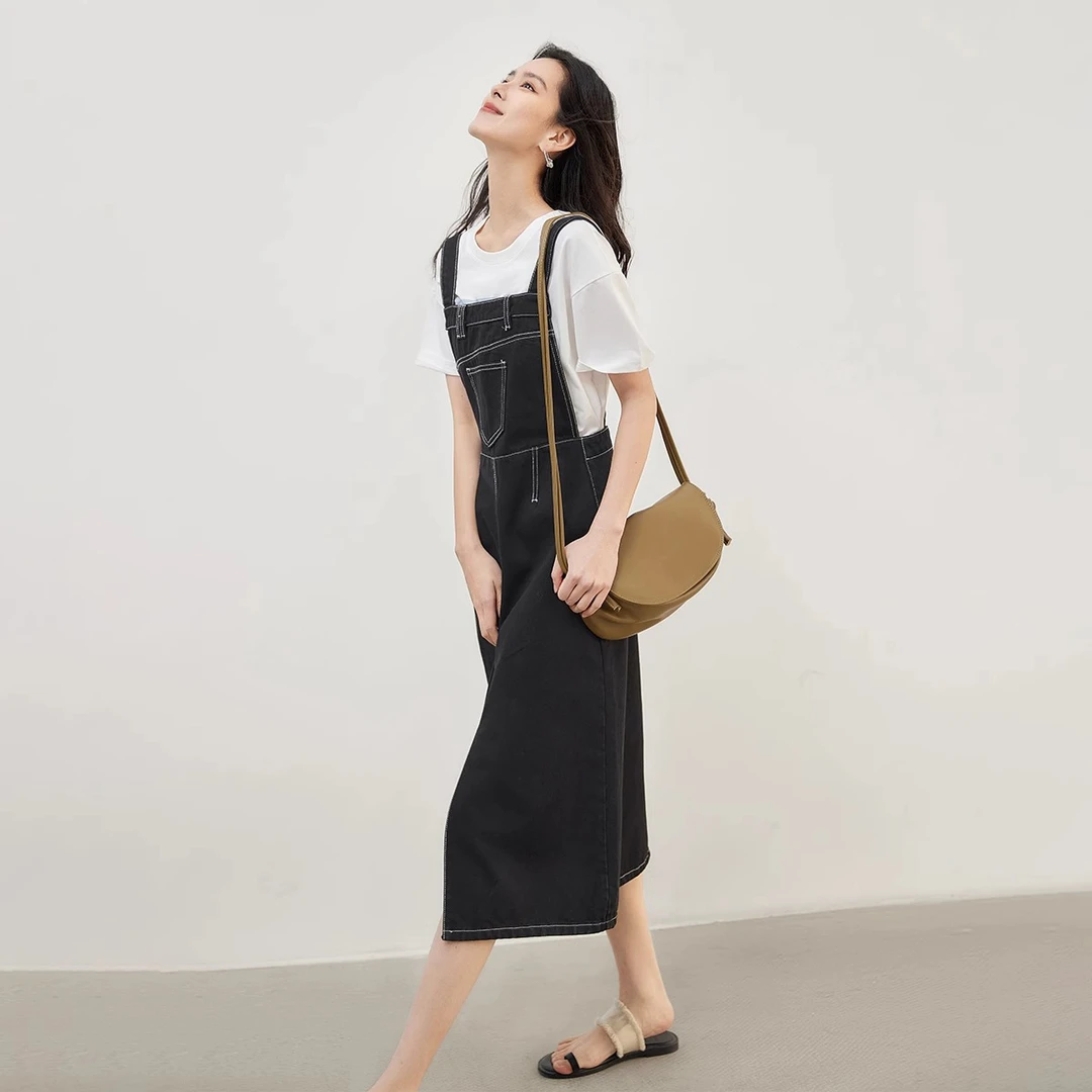 美式复古牛仔背带连衣裙女2025夏季新款休闲减龄显瘦撞色开叉裙子