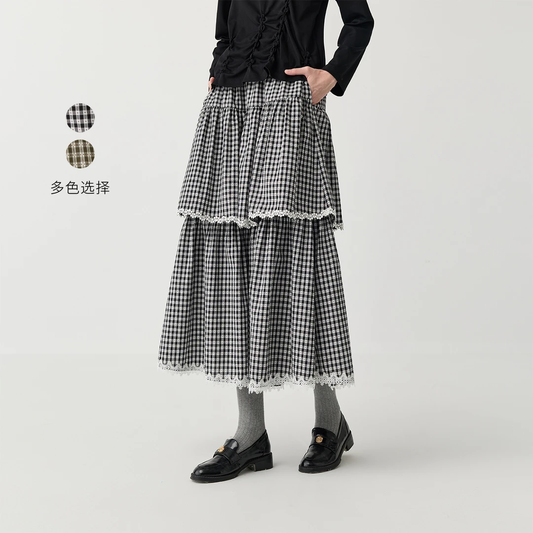 PLAIN PEOPLE学院风MIU系格纹花边织带蛋糕裙半身长裙2025秋新款