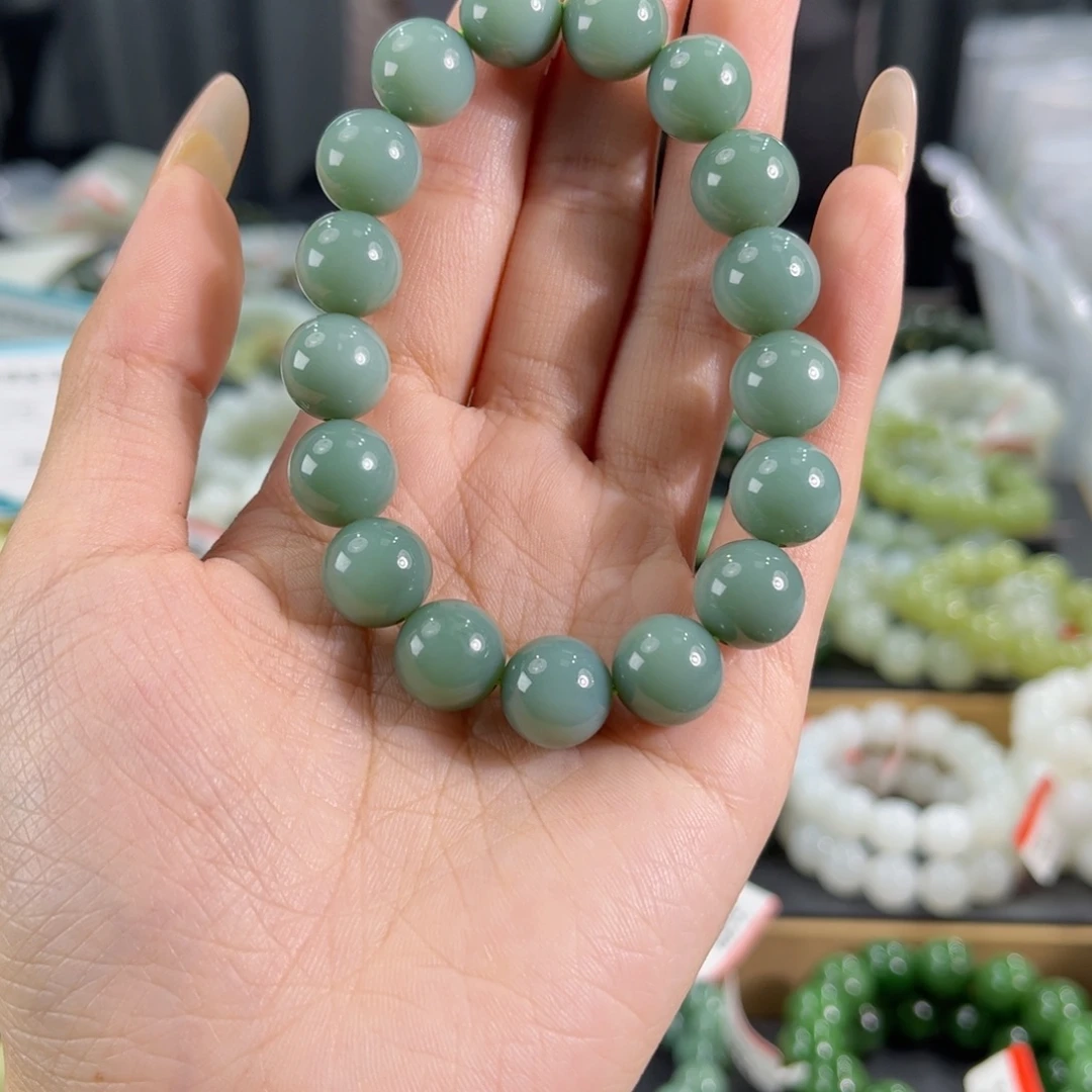 未镶嵌手链和田玉纯天然和田玉12mm俄料碧玉鸭蛋青圆珠