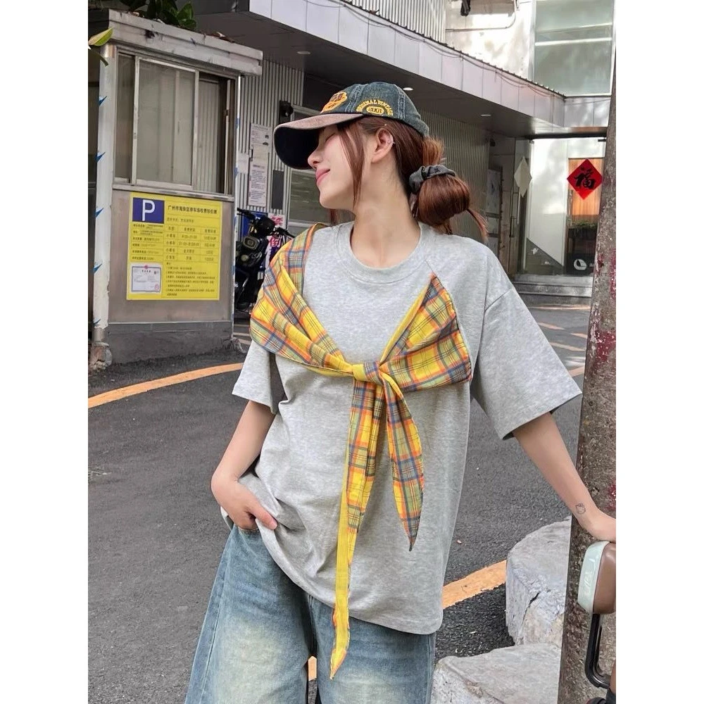 美式复古格子拼接披肩灰色短袖T恤女夏季假两件情侣宽松半袖上衣