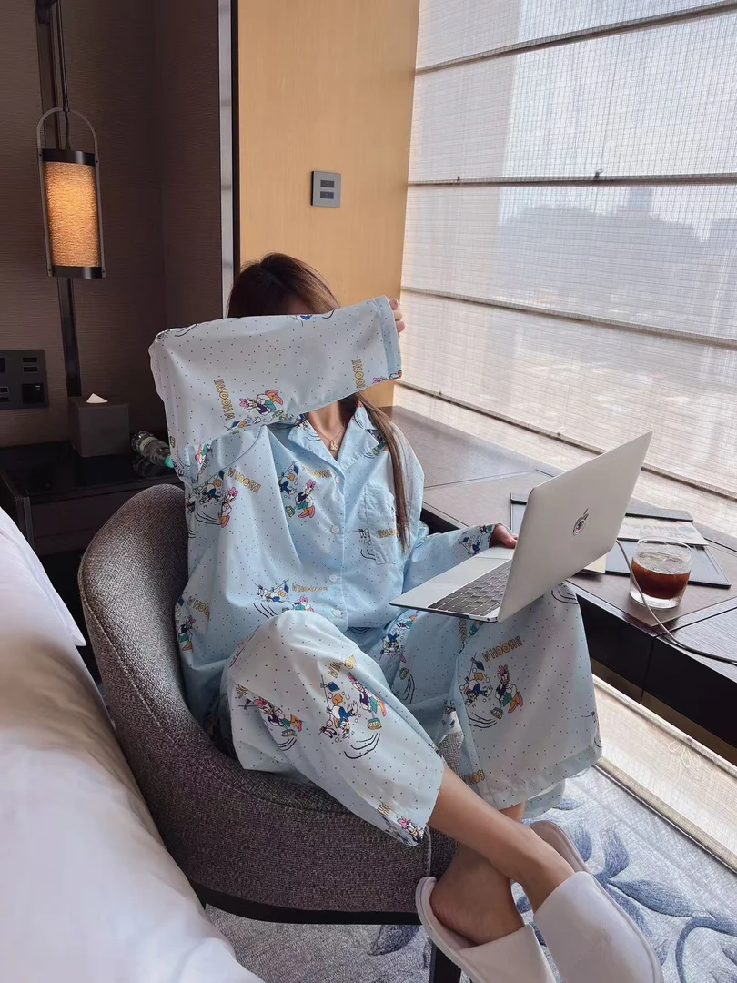 xxxwxz王希之 蓝色/卡通唐老鸭长袖松紧腰阔腿裤睡衣两件套#z1457