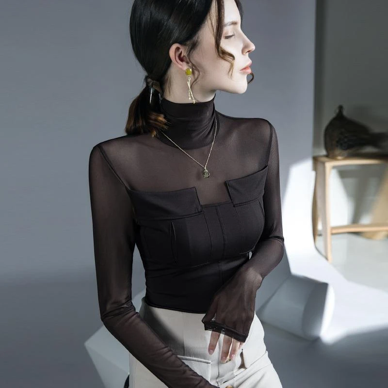 芙笙纪网纱微透拼接上衣秋冬新款内搭打底衫洋气高领长袖