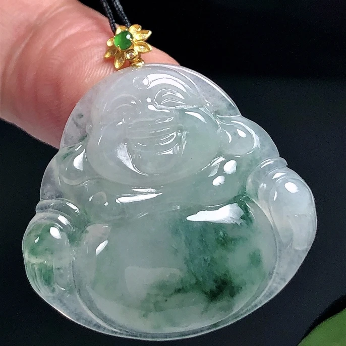缅甸天然翡翠A货18K金扣镶嵌冰种飘花大佛公吊坠女士冰透玉佛挂坠