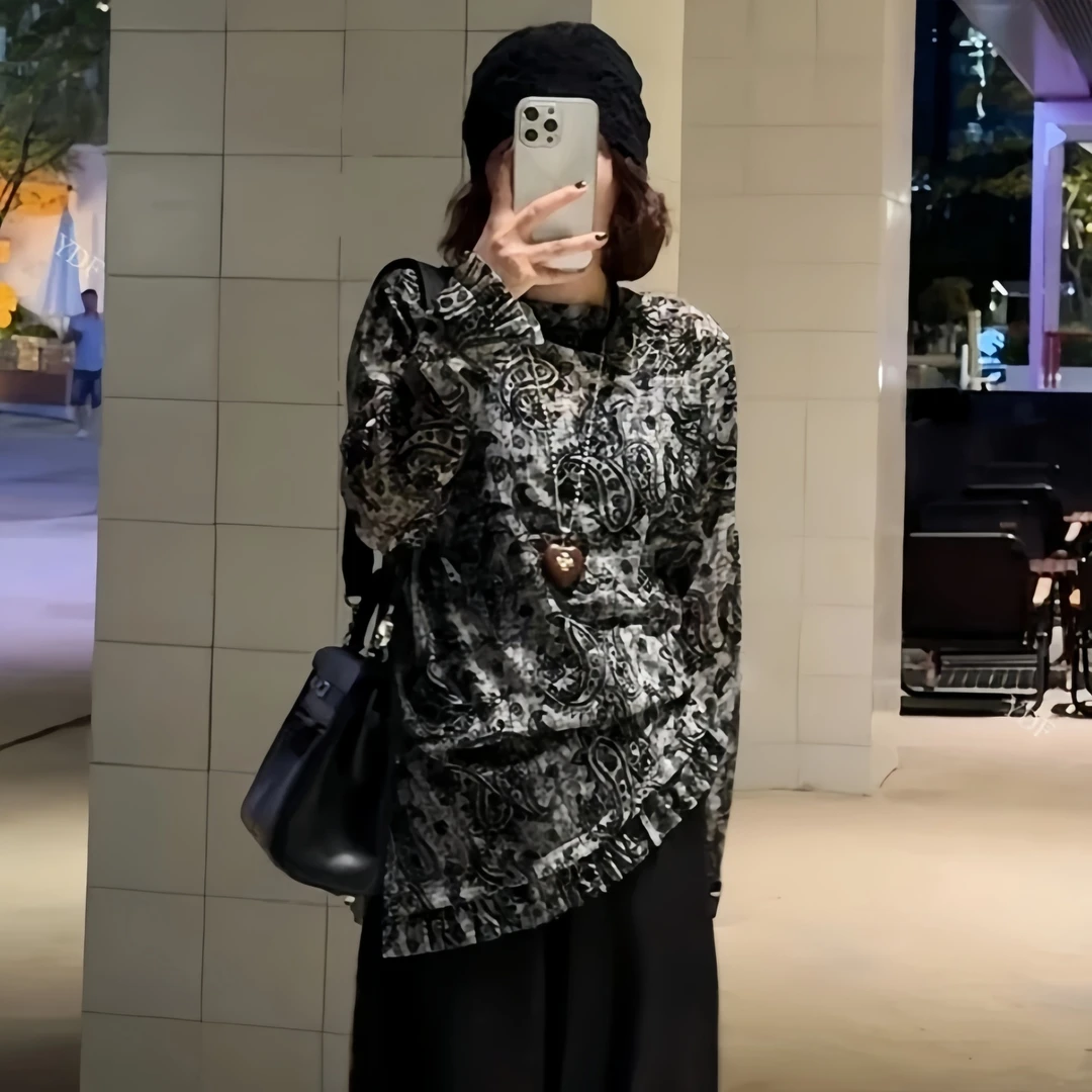 时尚腰果印花长袖T恤女2025秋季大码胖MM时尚设计百搭圆领打底衫