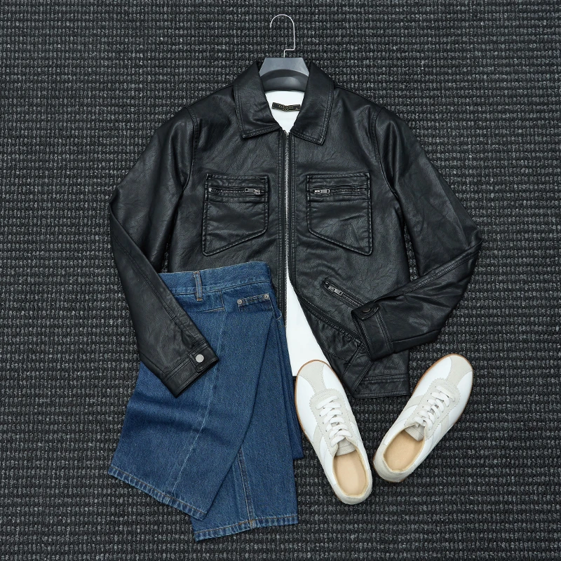美式潮牌复古机车风翻领PU皮衣男士韩版修身帅气多口袋皮夹克外套