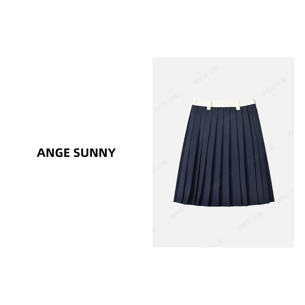 ANGE SUNNY【字母刺绣百褶裙】时尚新款 学院风撞色腰舒适半身裙