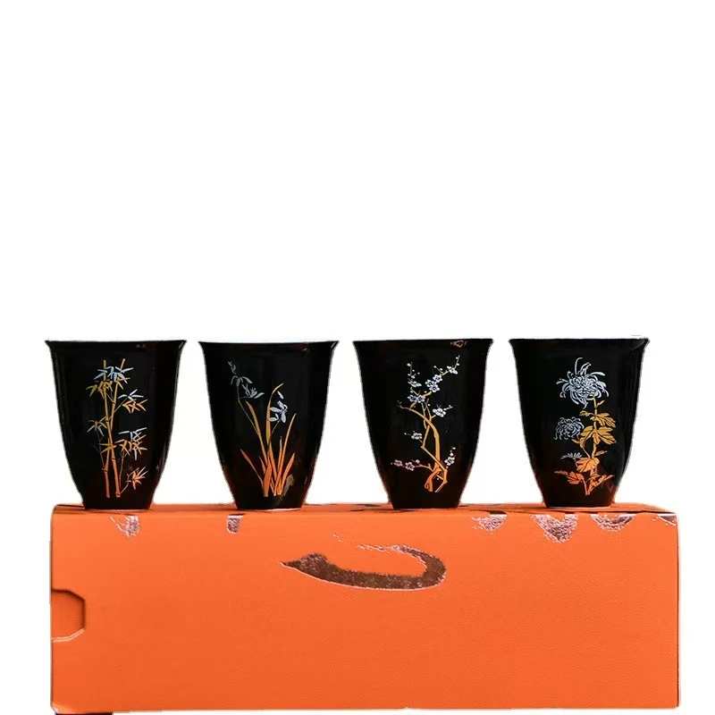 手绘梅兰竹菊乌金釉国潮伴手礼盒茶器茶杯茶具陶瓷品茗杯手工家用