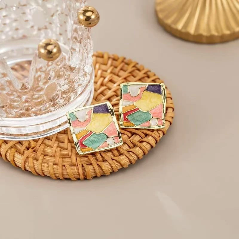 铜合金耳饰 小众油画风耳环撞色珐琅时尚文艺气质蚊香盘耳饰N2747