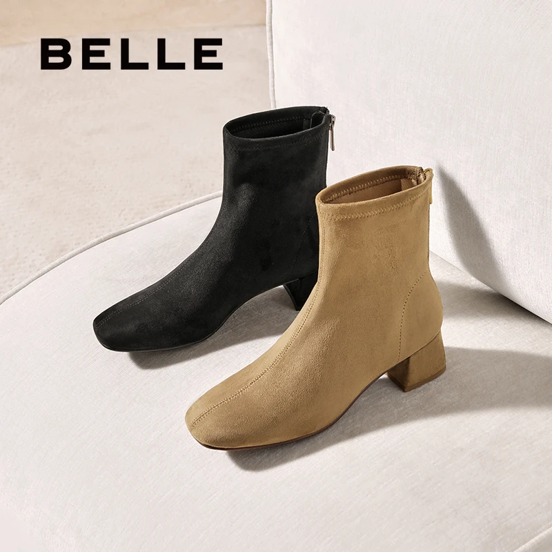 【很高兴专属】百丽女25冬新气质粗跟增高瘦瘦复古弹力靴BBWB1DZ5