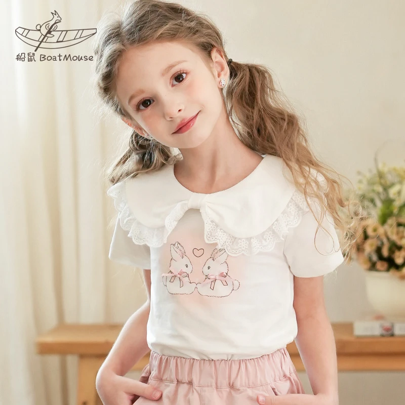 船鼠女童短袖t恤夏季纯棉 蝴蝶结领卡通印花小女孩儿童女宝宝上衣