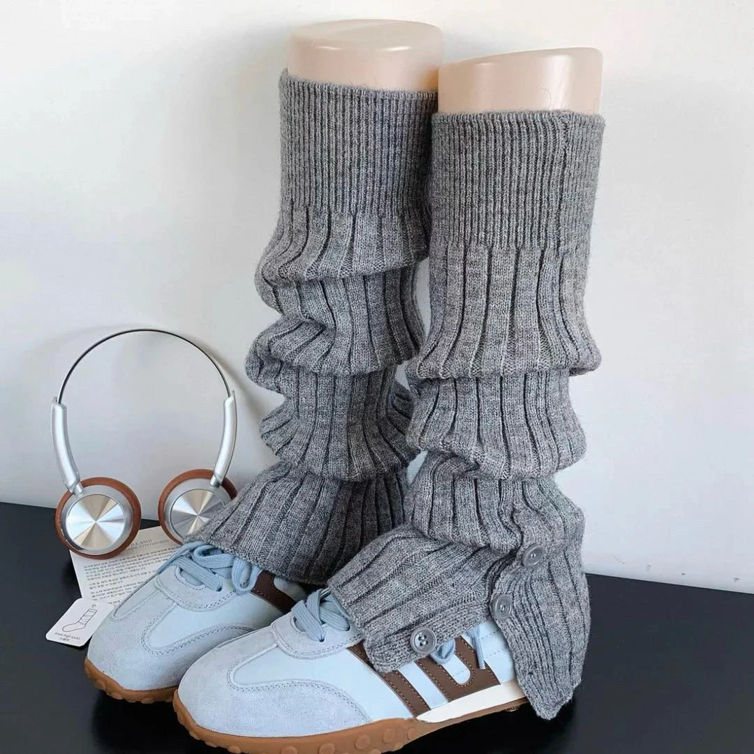 秋冬白色针织纽扣开叉袜套搭雪地靴腿套堆堆袜灰色小腿袜保暖加厚
