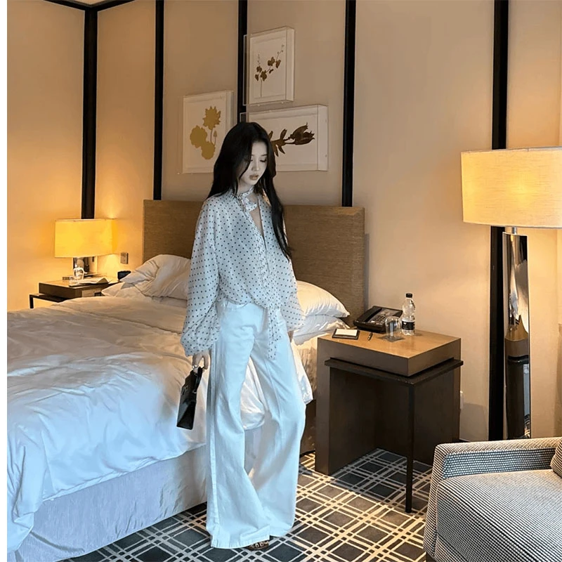 2025夏季新款时尚套装气质显瘦洋气休闲百搭长袖波点上衣宽松长裤