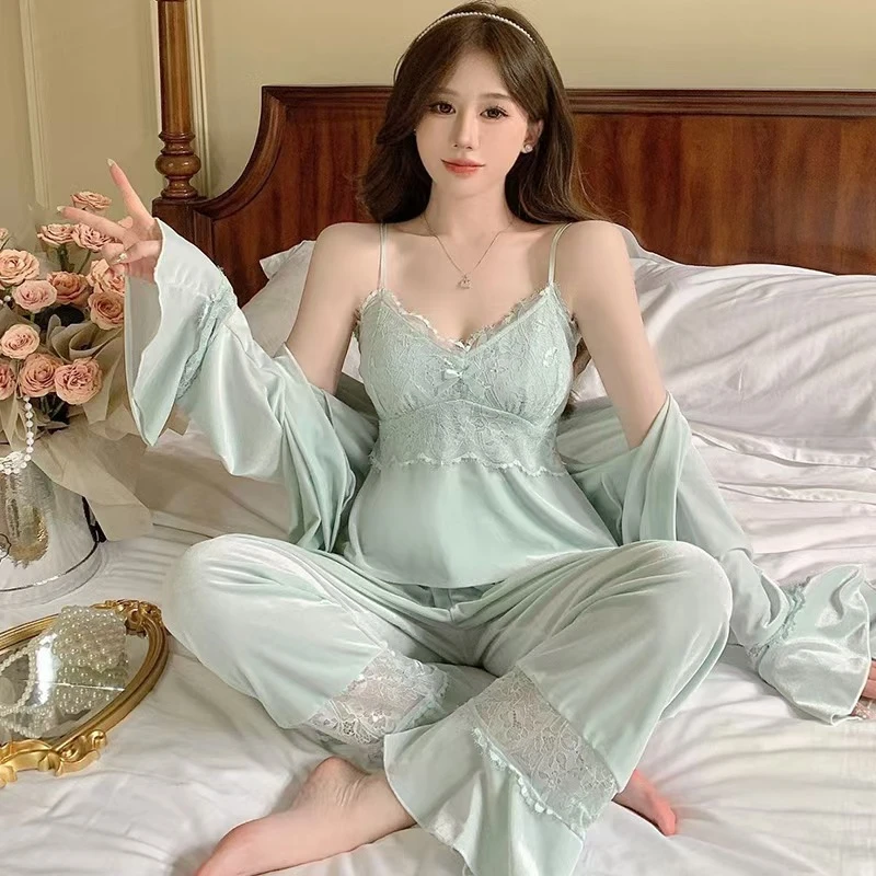 秋冬款金丝绒睡衣女带胸垫纯欲风蕾丝吊带睡裤三件套性感睡衣女款