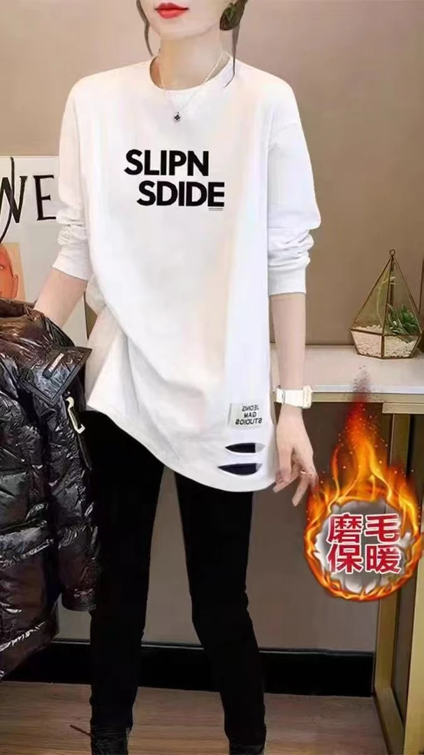 双旦福利儿童款加绒棉白T长款打底衫绒衫