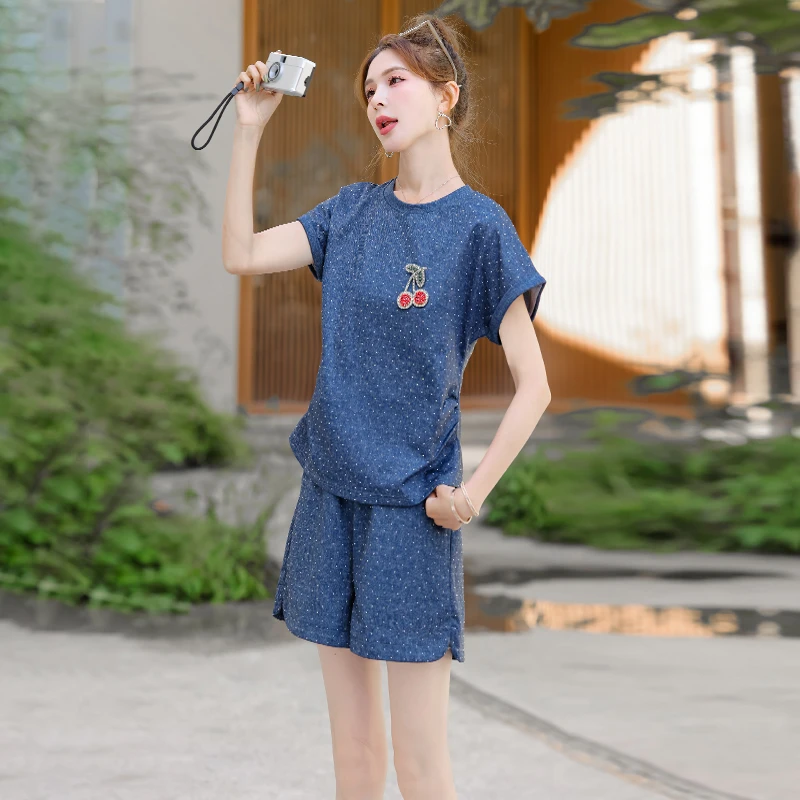满天星休闲套装女2025夏新款洋气气质显瘦烫钻牛仔短袖短裤两件套