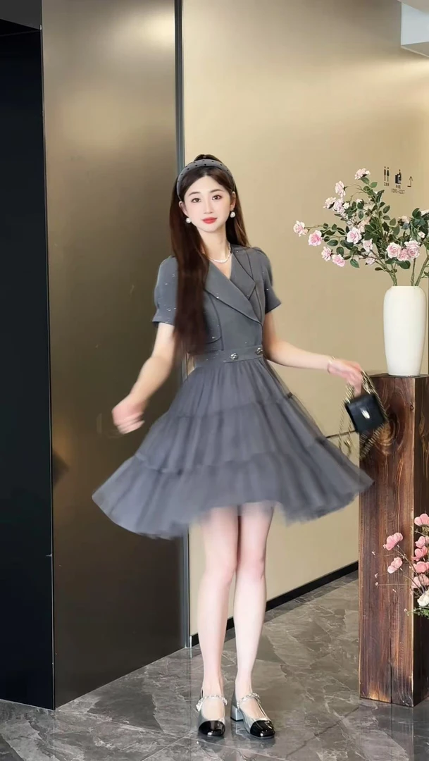 【林金金】法式网纱拼接领连衣裙女夏季新款设计感收腰显瘦气质短裙