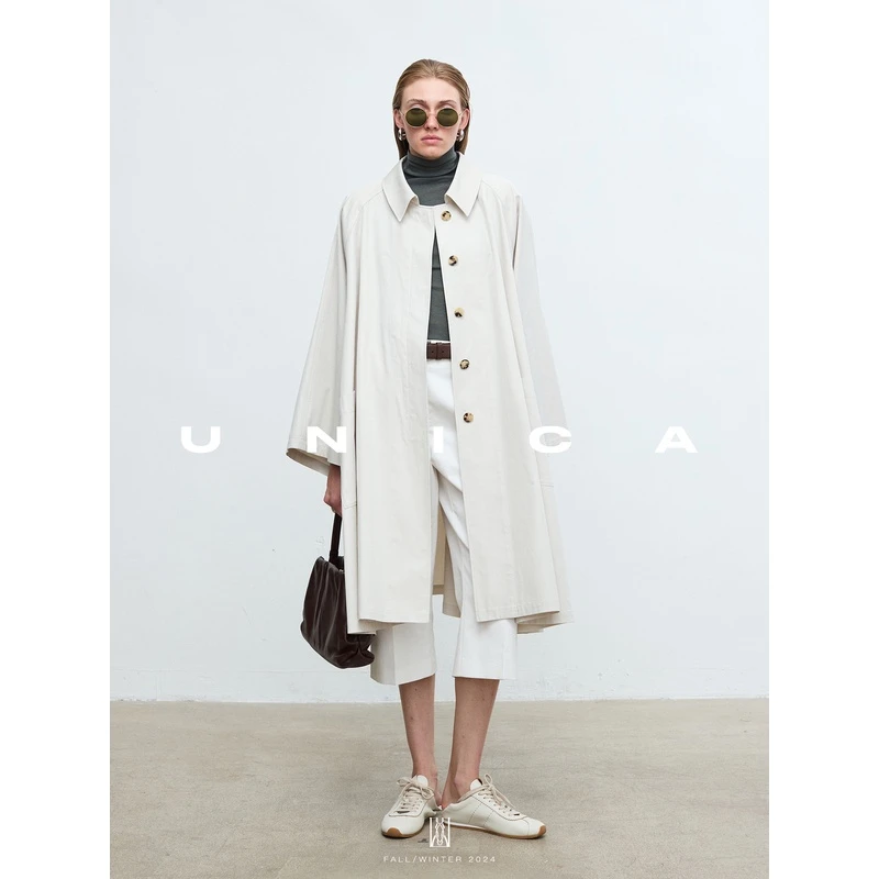 UNICA/90s巴黎漫步时髦精R0w风赫本氛围大伞摆定纺高密匹马棉风衣