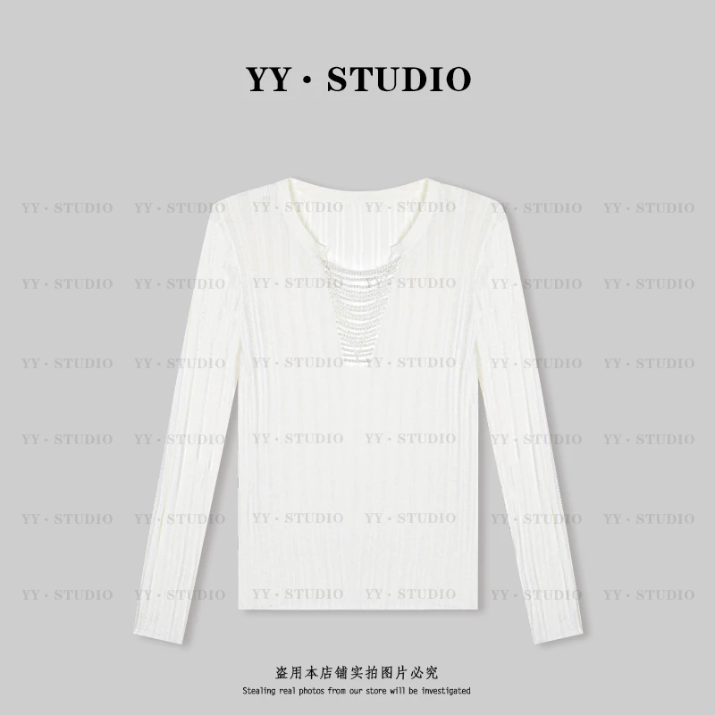 【YANYAN】春夏百搭纯色坑条钉珠长袖针织上衣YY-2373