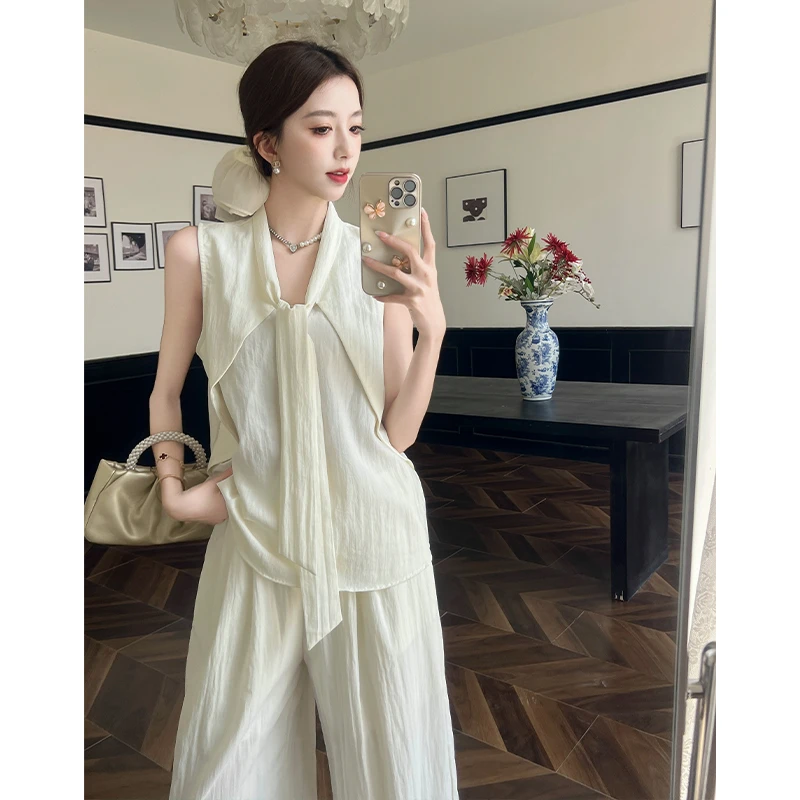 实拍夏季韩版时尚套装慵懒风简约通勤背心上衣阔腿裤两件套