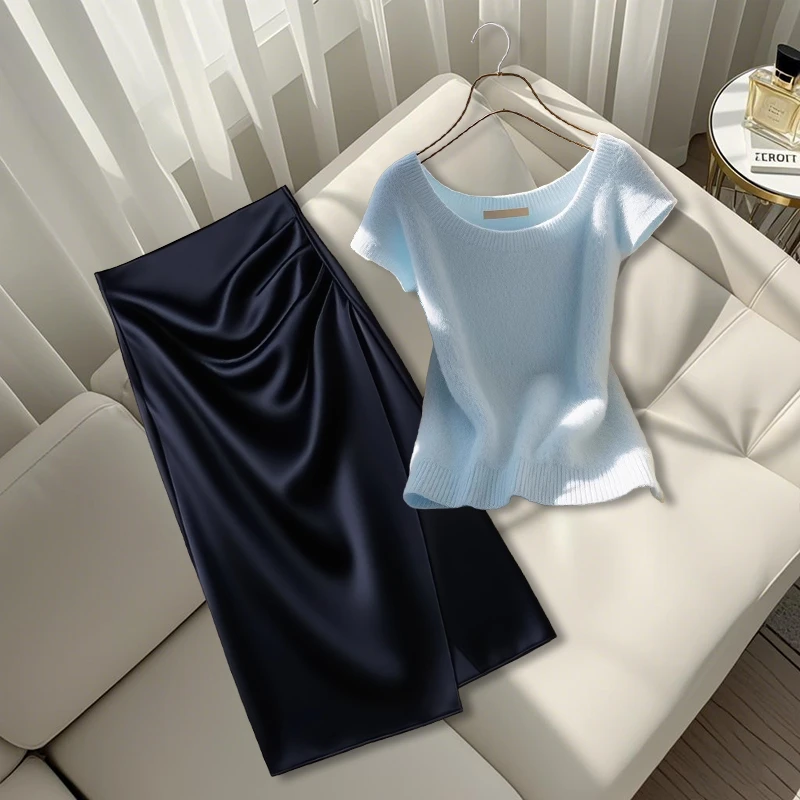 2025夏季新款温婉大方穿搭简约百搭针织上衣高腰A字半身裙两件套