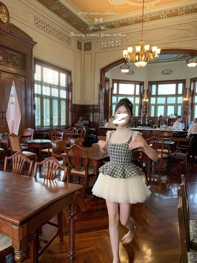 [烟熏格舞]小众芭蕾少女格纹拼接多层网纱重工显瘦连衣裙气质公主