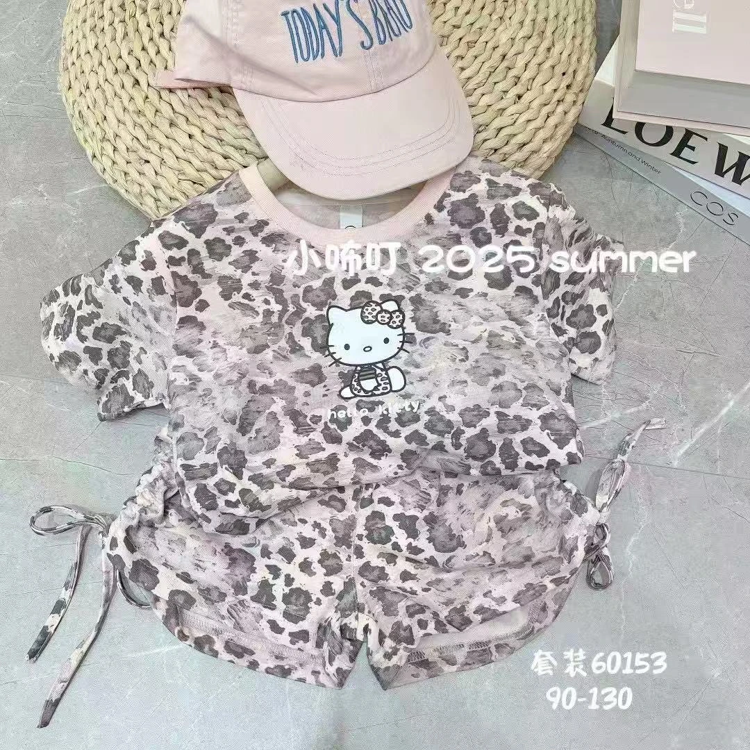 男女通用豹纹夏季休闲休闲风套装灰色T恤女童夏款儿童时尚印花