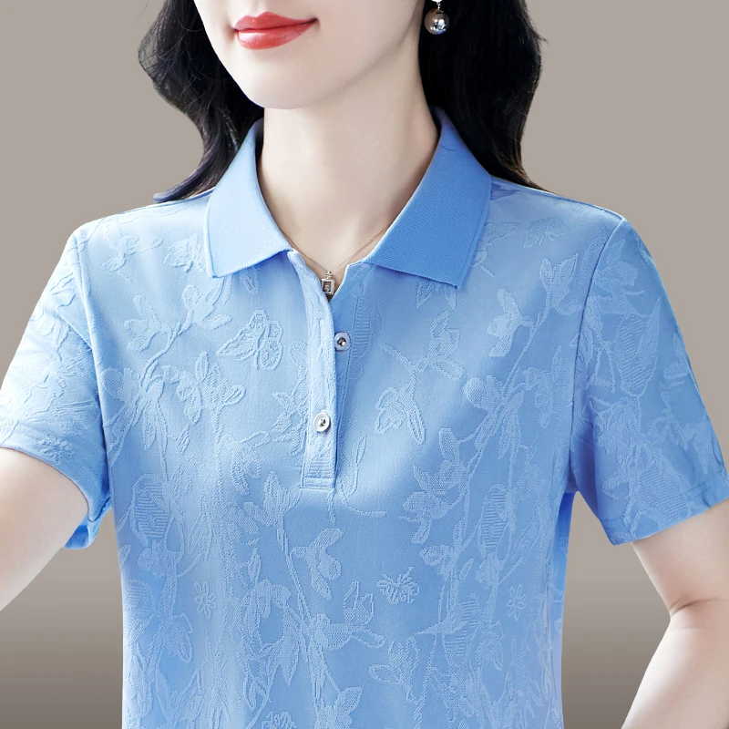 哥弟阿玛施正桑蚕丝短袖t恤女夏季洋气妈妈polo衫宽松翻领上衣薄